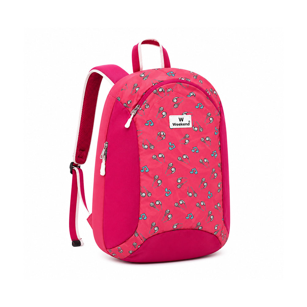 Weekend pink music print tuition backpack with spacious compartments, padded shoulder straps, durable lightweight polyester construction, and stylish design on a white background.