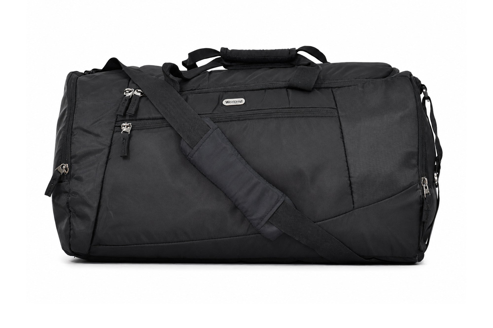 Weekend large black duffle bag with spacious compartments, adjustable shoulder strap, premium zippers, and durable construction for travel, gym, sports, and weekend getaways.